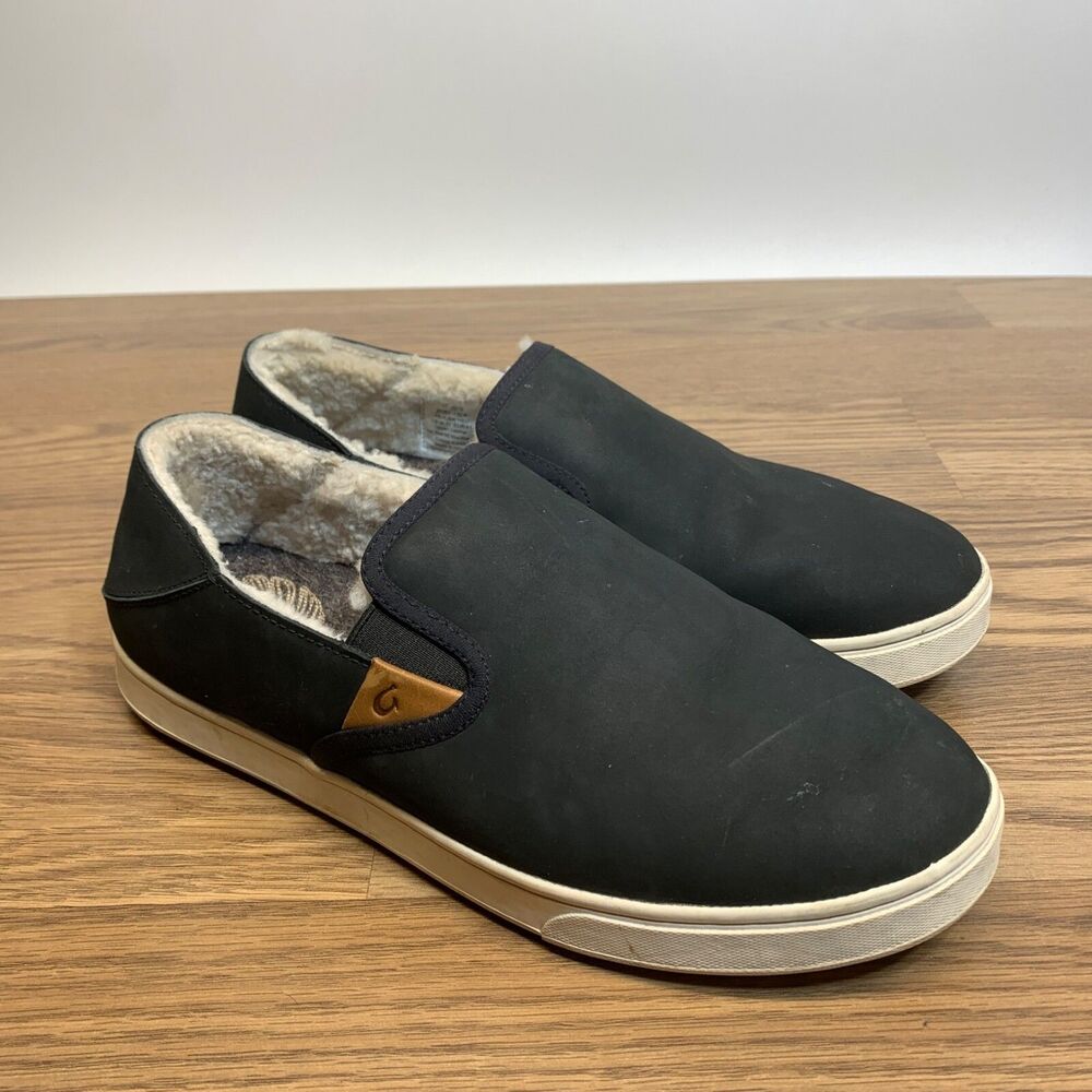 OluKai‎ Pehuea Heu Women's 11 Shoes Black Leather Low Top Slip On Casual Sneaker